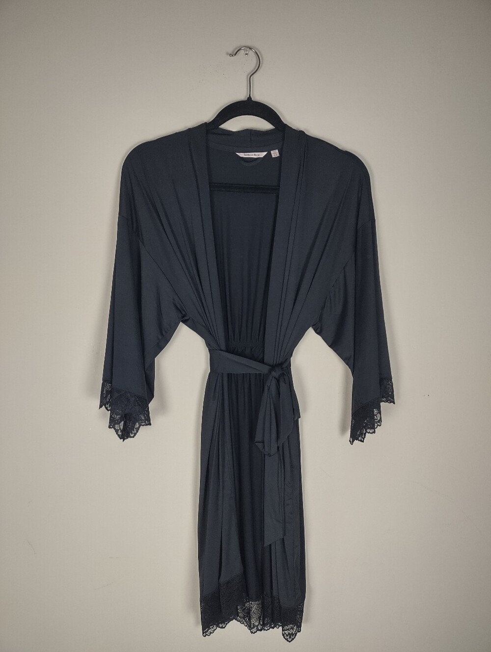 La Vie en Rose Black Lace Trim Robe | Size Small | Soft Tie Waist Loungewear